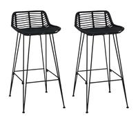 Yisssmeng Lot de 2 tabourets de bar noirs en rotin et acier, tabourets de comptoir modernes avec dossier et repose-pieds pour îlot de cuisine et bar de maison, hauteur d'assise 75 cm, 44 x 46 x 91 cm