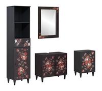 Yisssmeng Lot de 4 armoires de salle de bain en bois de manguier massif - Meuble de salle de bain avec meuble sous lavabo, miroir et armoires, motif floral, boutons en laiton, design moderne pour