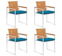 Yisssmeng Lot de 4 chaises de jardin avec coussins bleu clair en bois d'acacia aspect teck, 60 x 56 x 85 cm, empilables, en acier inoxydable, design moderne, pour jardin, balcon, terrasse