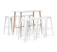 Yisssmeng Lot de 7 tables de bar avec 6 chaises Blanc 120 x 60 x 105 cm | Salon compact pour cuisine, salle à manger et bistro. Tabouret empilable en métal et table de comptoir robuste pour