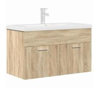 Yisssmeng Meuble de salle de bain avec lavabo encastré - 80 cm - En chêne Sonoma - Avec robinet et vidage - Lavabo suspendu en bois - Meuble de salle de bain