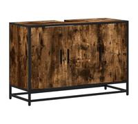 Yisssmeng Meuble sous lavabo en chêne fumé - 90 x 33 x 60 cm - Meuble de salle de bain en bois avec cadre en métal - Meuble bas pour lavabo au design rétro et industriel