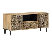Yisssmeng Meuble TV 105x33x46 cm Bois de Manguier Massif et Fer | Buffet bas rétro avec motifs floraux sculptés, idéal pour optimiser le rangement dans votre salon ou séjour.