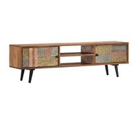 Yisssmeng Meuble TV 140x30x40 cm en Bois d'Acacia Massif et Métal | Buffet bas de style vintage pour salon avec deux portes et compartiments de rangement pour décodeur et livres.