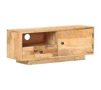 Yisssmeng Meuble TV 90 x 30 x 35 cm en bois massif de manguier avec finition bois naturel, meuble bas avec porte, tiroir et compartiment, table TV montée, buffet vintage pour salon