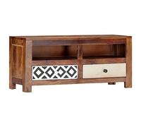Yisssmeng Meuble TV Bas en Bois d'Acacia et Composite 90x30x40 cm | Banc TV exotique avec 2 tiroirs à motif de losange et 2 niches de rangement, idéal pour votre salon ou chambre.