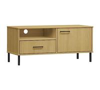 Yisssmeng Meuble TV en Pin Massif Oslo avec Pieds Métal Marron 106 cm | Buffet bas de salon avec tiroir et porte, conçu pour organiser vos appareils multimédias et objets de décoration.