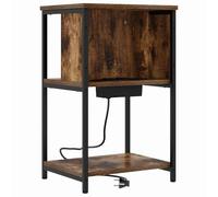 Yisssmeng Table de Chevet avec Station de Charge Chêne Fumé 38x31x61 cm | Meuble d'appoint rustique pour chambre à coucher avec trois étagères et prises électriques intégrées.