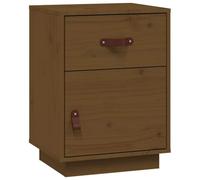 Yisssmeng Table de Chevet en Bois de Pin Massif Marron Miel 40x34x55 cm | Meuble de nuit compact pour chambre avec tiroir, porte réversible et poignées en similicuir.