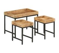 Yisssmeng Tables Basses Gigognes 3 pcs en Bois de Manguier Massif et Fer | Tables d'appoint industrielles pour salon, chambre et bureau. Bout de canapé compact en bois brut unique.