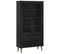 Yisssmeng Vitrine en verre noir 90 x 35 x 175 cm, armoire moderne en bois de pin massif et verre trempé, armoire en verre avec 2 portes et 2 tiroirs pour le salon
