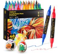 YISSVIC Feutre Acrylique 48 Couleurs Pointe Dure 4mm + Souple Réglable 0.5-4mm Sèchage Rapide Imperméable pour Dessin/DIY sur Pierre/Verre/Bois/Tissu/Œufs de Pâques