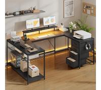 YITAHOME 158cm Bureau d'angle avec tiroirs Prises LED Reversible Noir