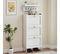 YITAHOME Armoire à Chaussures étroite Blanche avec penderie 5 Crochets et 3 Portes battantes, étagère réglable pour Couloir, Salon, Convient aux Talons Hauts, 60 x 25 x 130 cm, Blanc