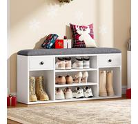 YITAHOME Banc à Chaussures, Banc de Rangement, avec 2 Tiroir et 5 Compartiments, Étagère à Chaussures, Siège Rembourré, Couloir, Entrée, Chambre, Peut contenir des Bottes, 30 x 105 x 50 cm, Blanc/Gris