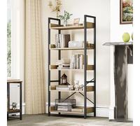 YITAHOME Bibliothèque à 5 Niveaux, étagère à Livres au Sol, étagère en Bois et étagères à Cadre en Acier Stable avec 4 Crochets, étagère de Rangement Industrielle pour Salon, Maison, Bureau, chêne
