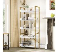 YITAHOME Bibliothèque à 5 Niveaux, étagère à Livres au Sol, étagère en Bois et étagères à Cadre en Acier Stable avec 4 Crochets, étagère de Rangement Industrielle pour Salon, Maison, Bureau, Doré