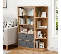YITAHOME Bibliothèque autoportante avec 8 étagères Ouvertes et 2 tiroirs (recouverts de Tissu), pour Salon, Chambre ou Bureau, Finition chêne, 80 cm (L) × 24 cm (P) × 115 cm (H)