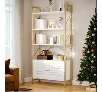 YITAHOME Bibliothèque avec Armoire de Rangement, étagère à Livres à 5 Niveaux avec Portes, pour Chambre à Coucher, Salon, Bureau, Blanc et doré