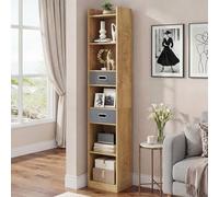 YITAHOME Bibliothèque d'angle Haute et étroite, 5 étagères et 2 tiroirs en Tissu, étagère autoportante pour Salon, Chambre ou Bureau, Finition chêne, 30 cm (L) × 24 cm (P) × 180 cm (H)