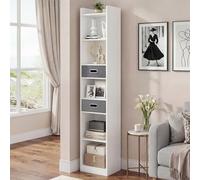 YITAHOME Bibliothèque d'angle Haute et étroite étagère Fine à 5 Niveaux et 2 tiroirs en Tissu, Meuble autoportant pour Salon, Chambre, Bureau, Blanc, 30 x 24 x 180 cm (L x P x H)