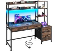 YITAHOME Bureau d'ordinateur avec tiroirs, 150 W x 50 D x 150 cm H cm Bureau d'angle pour Bureau à Domicile, Rangement et étagères, Bureau de Jeu avec lumière LED et Prises Marron