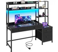 YITAHOME Bureau d'ordinateur avec tiroirs, 150 W x 50 D x 150 cm H cm Bureau d'angle pour Bureau à Domicile, Rangement et étagères, Bureau de Jeu avec lumière LED et Prises Noir
