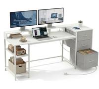 YITAHOME Bureau Ordinateur avec Tiroirs et Prise d'alimentation, 144x50cm Table Gaming avec Support Écran et Étagères, Coin Bureau avec Rangement et Tiroir Classeur, Table Informatique, Blanc
