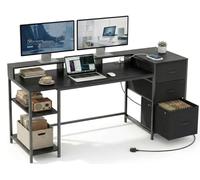 YITAHOME Bureau Ordinateur avec Tiroirs et Prise d'alimentation, 144x50cm Table Gaming avec Support Écran et Étagères, Coin Bureau avec Rangement et Tiroir Classeur, Table Informatique, Noir