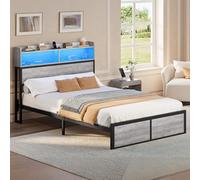 YITAHOME Cadre de lit LED avec tête de lit, Ports USB et Sorties de Charge, Cadre de lit en métal avec 2 étagères, Pas de Matelas nécessaire, Gris, 200 x 140 cm