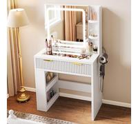YITAHOME Coiffeuse avec éclairage LED réglable et Prises de Courant, Table de Maquillage avec Plateau en Verre Transparent, Coiffeuse pour Chambre à Coucher, 1 tiroir et 4 Compartiments, Blanc