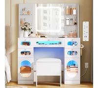YITAHOME Coiffeuse avec éclairage, Miroir et Prises, 3 Couleurs, luminosité réglable, RVB, avec Tabouret, tiroirs, Blanche, Table de Maquillage, Coiffeuse