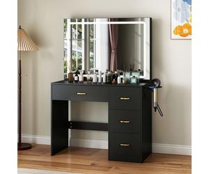 YITAHOME Coiffeuse avec Miroir - 4 Tiroirs - Prise de Courant - Noir - 90 x 40 x 136 cm