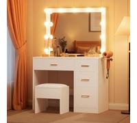 YITAHOME Coiffeuse avec Miroir, 4 tiroirs, Tabouret, éclairage, Prise de Courant, Blanche (Table de Maquillage, Coiffeuse, Table de vanité)