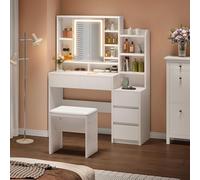 YITAHOME Coiffeuse avec Miroir et Tabouret Blanche, Grand Miroir LED à Luminosité Réglable vanité de Maquillage avec 5 Tiroirs Compartiments Ouverts Étagères Réglables 3 luminosités réglables, Blanc