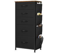 YITAHOME Commode avec Poches latérales et Crochets, Commode à 5 Tiroirs en Tissu Meuble de Rangement avec Dessus en Bois pour Chambre à Coucher, Salon, Chambre d'enfant, Noir