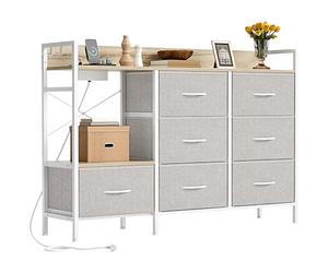 YITAHOME Commode pour Chambre à Coucher avec 7 tiroirs en Tissu, Commode avec 2 Prises, 2 Ports USB et Bande Lumineuse LED, Meuble TV avec Crochets latéraux, Gris Clair
