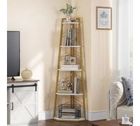 YITAHOME Étagère d'angle à 5 Niveaux, Industrielle, Moderne autoportante, étagère en échelle, étagère Ouverte en Bois pour Salon, Couloir, Bureau à Domicile, Dorée Bibliothèque