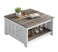 YITAHOME Farmhouse Table basse avec rangement Marron clair | Table à cocktail carrée en bois rustique pour salon, salle de réunion avec compartiment de rangement semi-ouvert