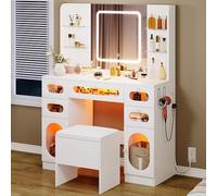 YITAHOME Grande Coiffeuse avec Miroir LED et Prises 3 Couleurs Luminosité Réglable, Blanche Bureau Coiffeuse avec Tabouret 5 Tiroir et 2 Armoire 4 Étagères Rangement, RGB Moderne Couffeuse