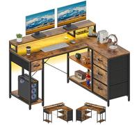 YITAHOME L Form Bureau avec Prise de Charge USB et Prise,Bureau d'angle réversible avec 4 tiroirs et étagère,140x100cm Tableau d'ordinateur,Marron