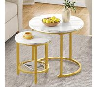 YITAHOME Lot de 2 Tables Basses Rondes, Tables Basses Gigognes Modernes avec Espace de Rangement, Table d'appoint Empilable avec Cadre en Métal, Table de Canapé, Salon, Blanc et Doré