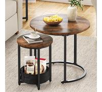 YITAHOME Lot de 2 Tables Basses Rondes, Tables Basses Gigognes Modernes avec Sac en Tissu pour Espace de Rangement, Table d'appoint Empilable avec Cadre en Métal, Table de Canapé, Salon, Marron