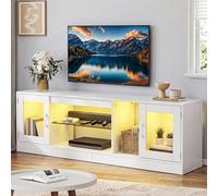 YITAHOME Meuble TV de 160 cm avec 7 LED RVB avec 2 armoires fermées, 3 étagères Ouvertes et étagère en Verre réglable, Centre de Divertissement Moderne pour Le Salon, 160 x 32 x 51 cm