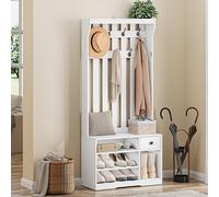 YITAHOME Porte-Manteau avec Banc, Meuble d’Entrée, avec Étagères à Chaussures, Étagères Réglables, 7 Crochets, avec Tiroir en Tissu Amovible, 80 x 35 x 180 cm pour Entrée, Couloir, Blanc