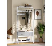 YITAHOME Porte-manteau avec rangement à chaussures, arbre d'entrée autonome avec banc et 2 tiroirs pliables, porte-manteaux industriel avec 8 crochets pour couloir, cadre en métal, Blanc