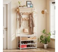 YITAHOME Porte-Manteau d’Entrée, Meuble d’Entrée avec Banc à Chaussures Rembourré, Banc de Rangement, 10 Crochets Amovibles et Étagère, Rangement Caché, Design Séparable, pour Couloir, Chambre, Blanc