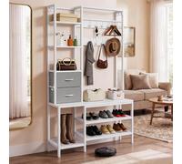 YITAHOME Porte-manteau industriel avec étagère à chaussures, meuble de vestiaire sur pied avec 2 étagères, 9 crochets, convient pour couloir, salon et chambre à coucher, en métal, blanc