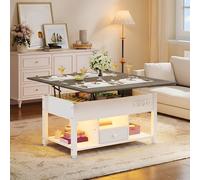 YITAHOME Table Basse à LED RGB Contrôle par APP avec Plateau Relevable, Table Basse Multifonctionnelle 4 en 1 pour Salon, Bureau avec Etagère de Rangement Compartiment Caché, Blanc et Gris