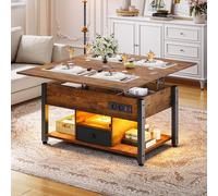 YITAHOME Table Basse à LED RGB Contrôle par APP avec Plateau Relevable, Table Basse Multifonctionnelle 4 en 1 pour Salon, Bureau avec Etagère de Rangement Compartiment Caché, Marron Rustique